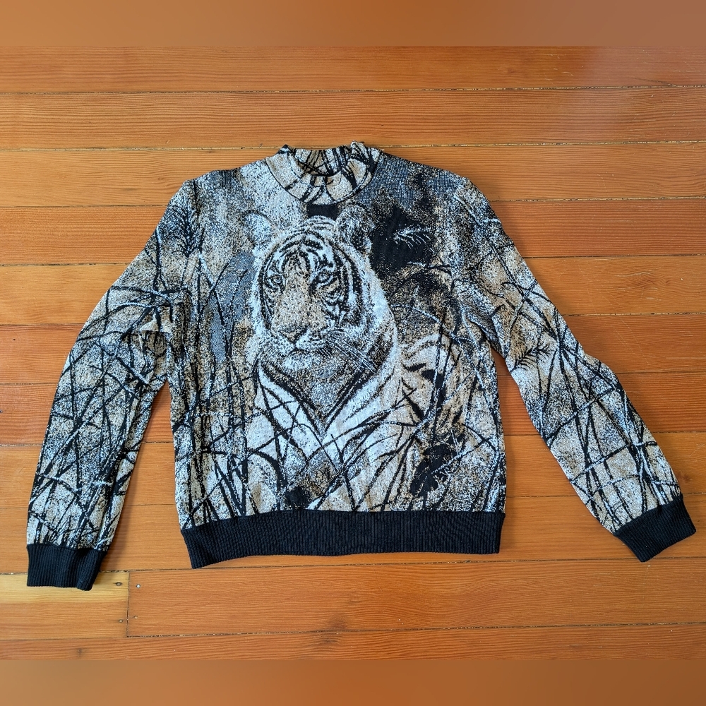 Vintage St. John tiger knit sweater jacket small rhinestone bling mobwife jungle